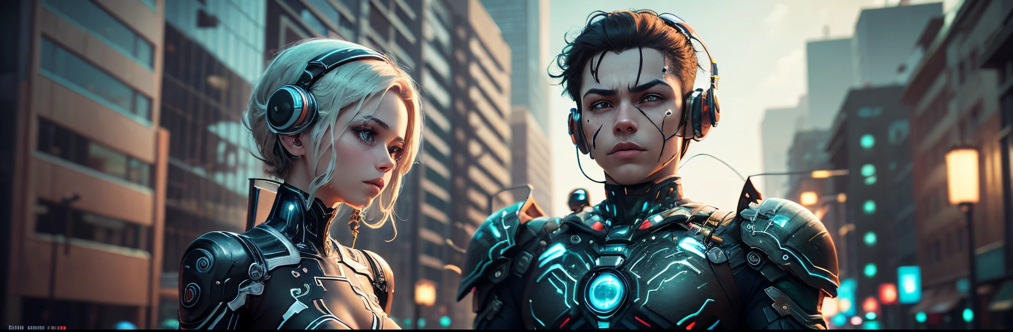 "Generate an 8K poster with a 3D-rendered game character duo, a 15-year-old white boy, and a 15-year-old black girl, standing close. Simulate a camera pan to the right, revealing their full-body images, intricate outfits, and a background adorned with war spoils of robots and ambulances. Utilize Blender for hyper-realistic textures, focusing on lifelike skin details. Render the boy's glitched clothing with precision, featuring a dual aspect of a suit on one side and cyborg components on the right. Capture nuanced dynamics in the characters' expressions and posture to enhance the immersive feel of the scene." --auto --s2