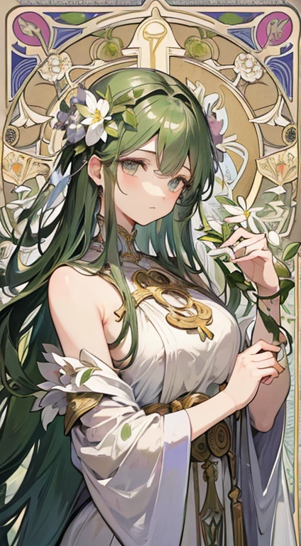 absurdres, best quality, fine detailed, 8k, tarot card style frame, Alphonse Mucha, art nouveau, art deco, 1girl, ancient Greek dress, chiton, flowers in hair, messy hair, garden, olive leaves, petals, vines, Beautifully detailed eyes, beautiful shiny detailed hair, warm light, upper body