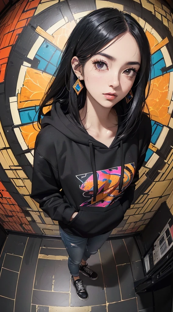 (((8k wallpaper of extremely detailed CG unit:1.2, ​masterpiece, hight resolution:1.2, top-quality:1.2, masutepiece))), ((a very beautiful woman, Hands in pockets:1.8, Grunge Fashion:1.2, Wearing a hoodie:1.2, Wearing skinny jeans, Wearing shoes)), ((extra detailed face, Highly detailed black eyes, extra detailed body, Top quality real texture skins)), (A dark-haired, length hair, de pele branca), ((colorful geometric pattern wall, Colorful wall)), (high-angle, Fisheye:1.3), hyper realisitic, digitial painting,