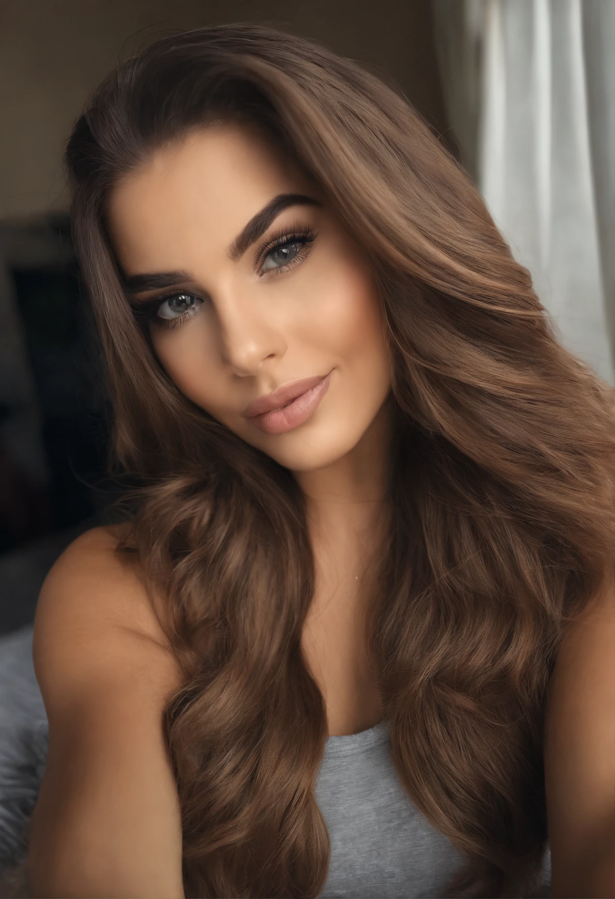 mulher arafed com regata e calcinha combinando, com olhos castanhos, Retrato Sophie Mudd, cabelos castanhos e olhos grandes, selfie de uma jovem sozinha em sua cama, deitada nu