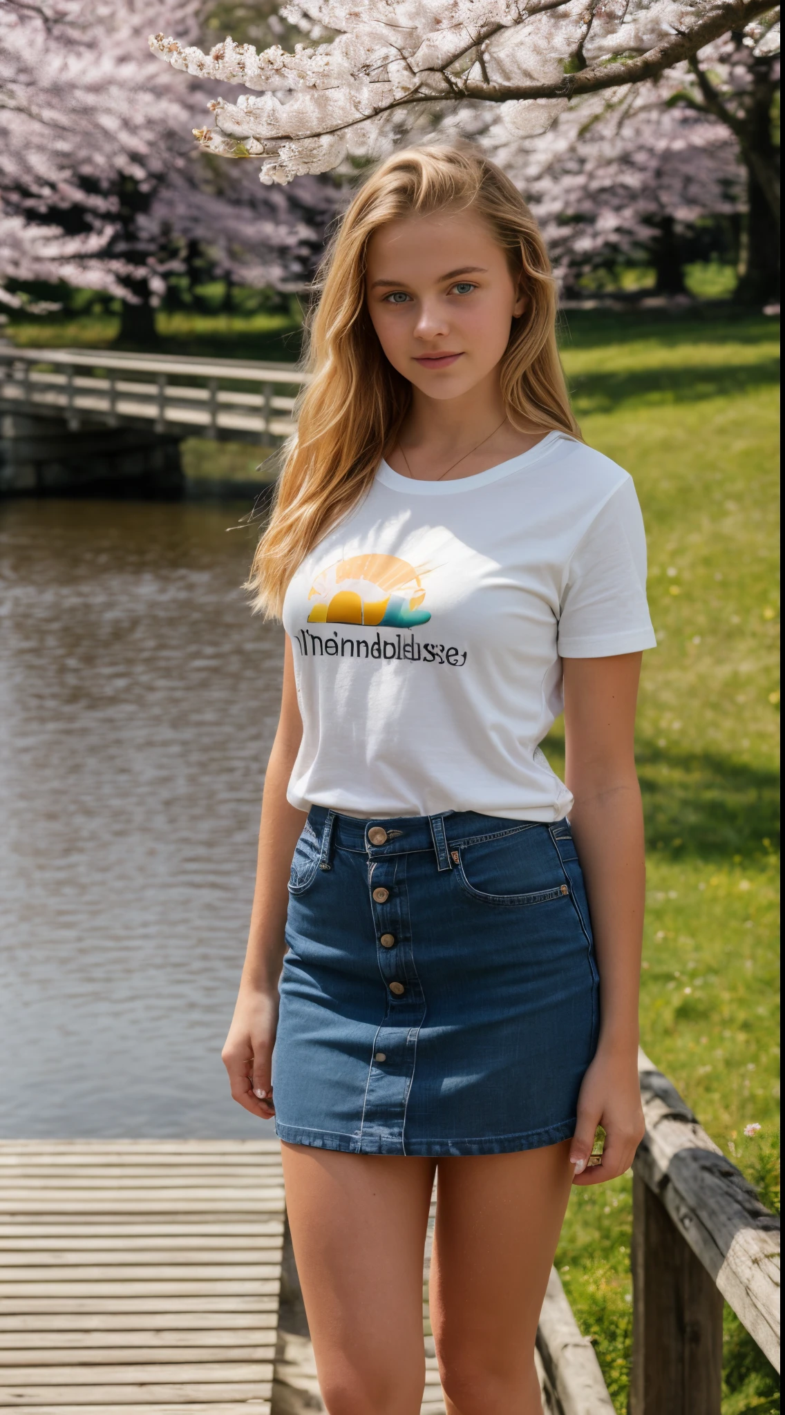 16 year old pre-teen, Finnish, blonde, small breasts, big eyes, long legs, close-up of thighs, t-shirt, mini skirt, heeled sandals, park background, crossing a wooden bridge at the lake, tree, cherry blossom , sunrise, light through fabric, (realistic, photorealistic: 1.37), specular light, ray tracing, HDR