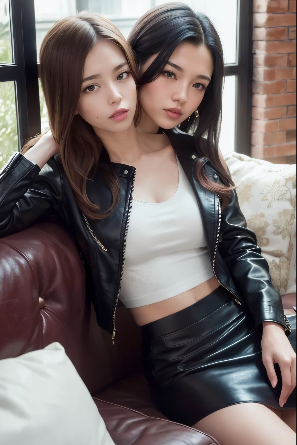 two women sitting on a couch posing for a picture, dressed in short leather jacket, korean girls, long black hair, floor-length hair, beautiful gemini twins portrait, black leather slim clothes, leather, leather clothes, ayami kojima and lyde caldwell, two girls, black leather, beautiful gemini twins, beautiful sci - fi twins, skintight leather clothes, alena aenami and lilia alvarado, leather clothing