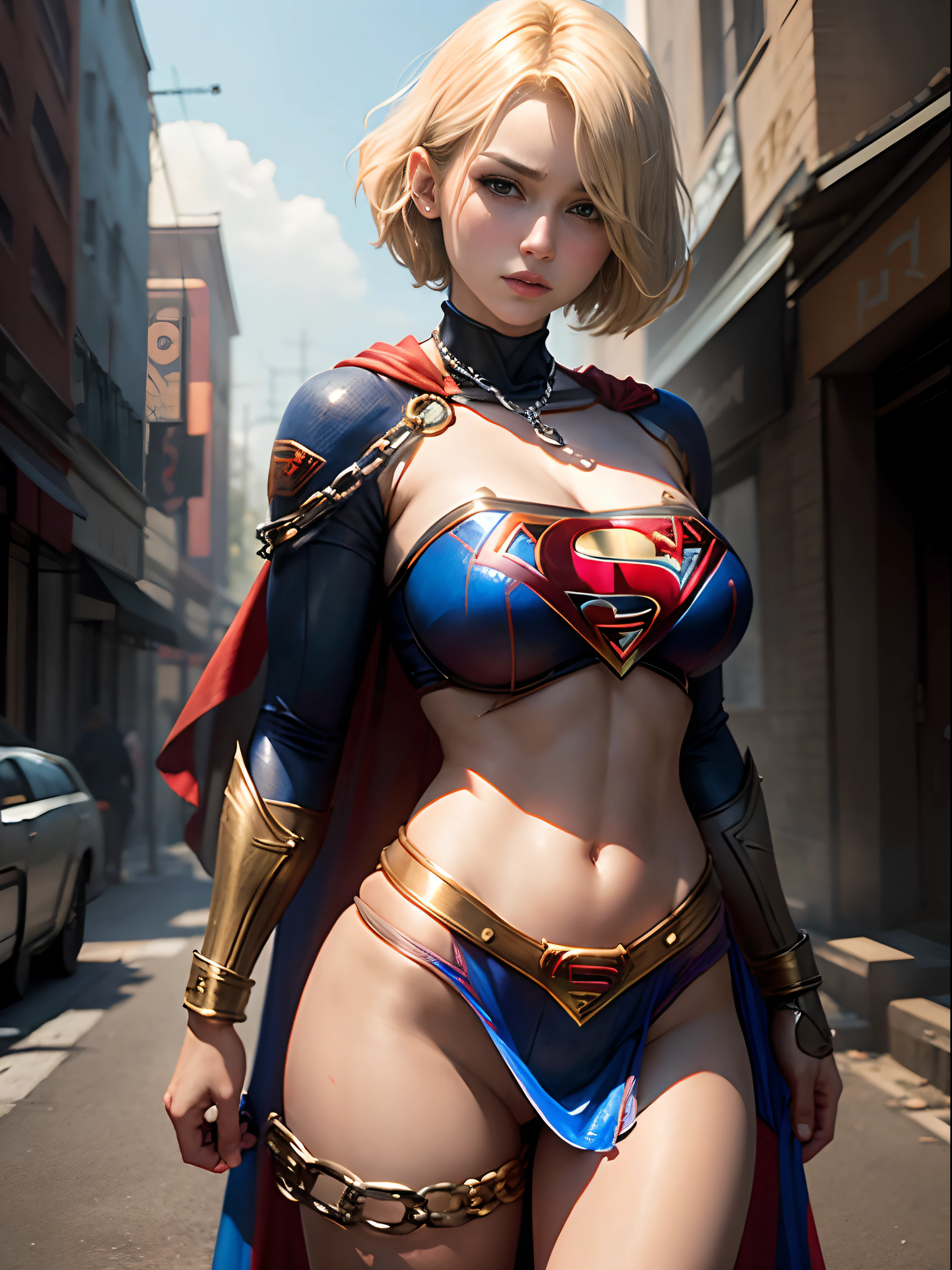 masterpiece、Short-haired Supergirl with a chain、large full breasts、Looking at the camera、Glossy costume、Tattered costume、Injury、heavy injury