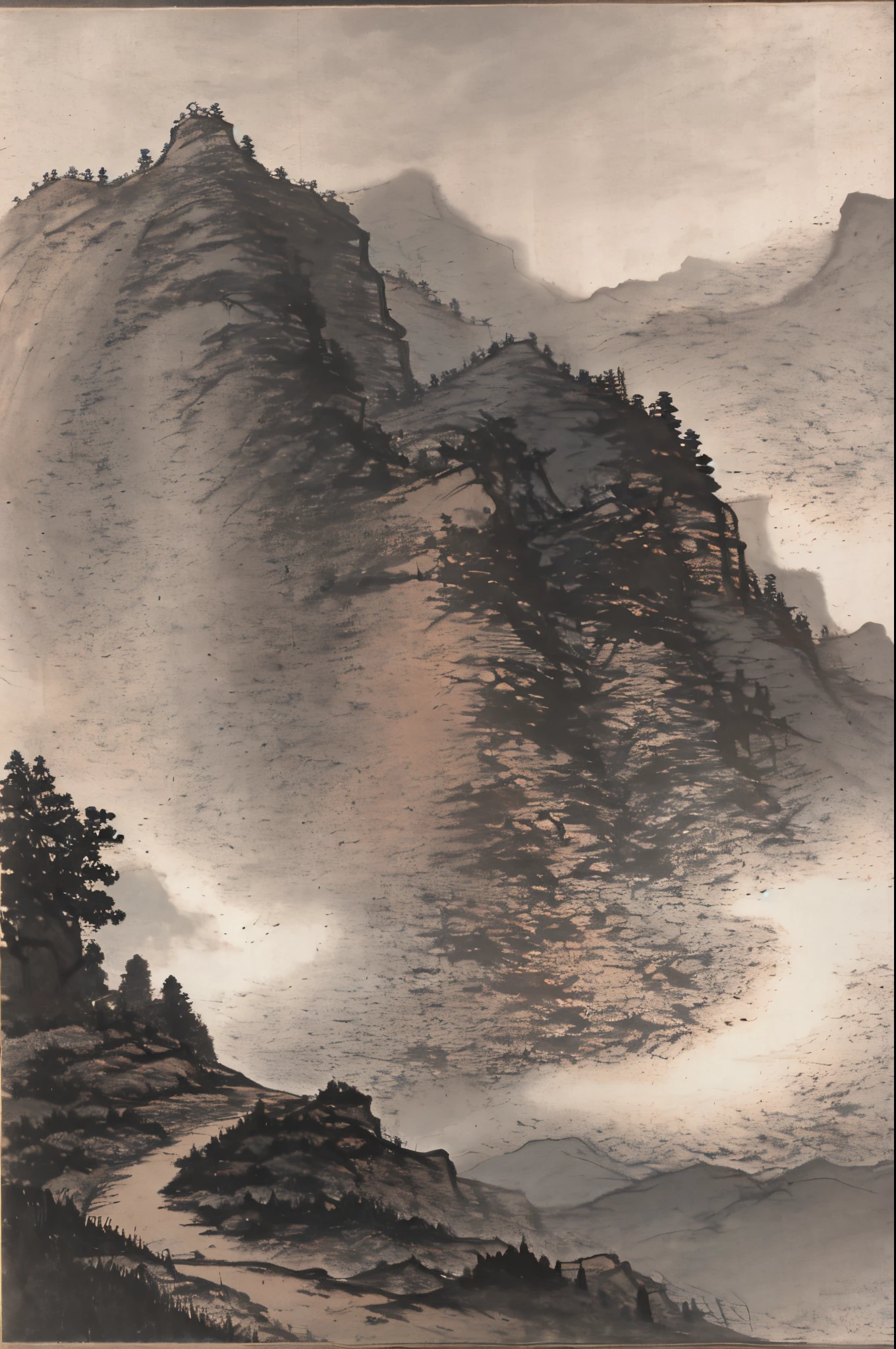 Chinese landscape painting，High hills，path，that tree，（without humans）