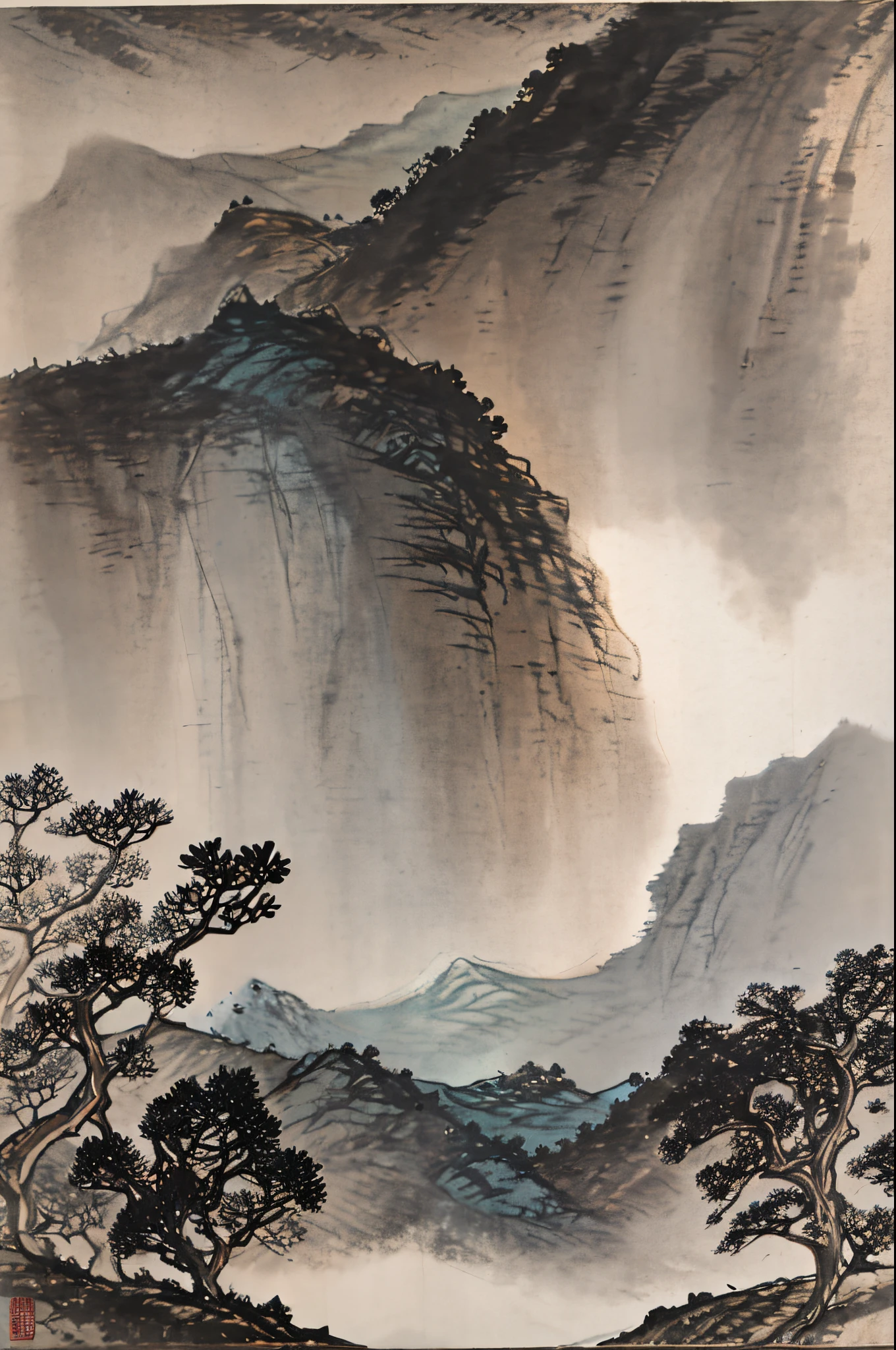 Chinese landscape painting,High hills,path,that tree,(without humans)