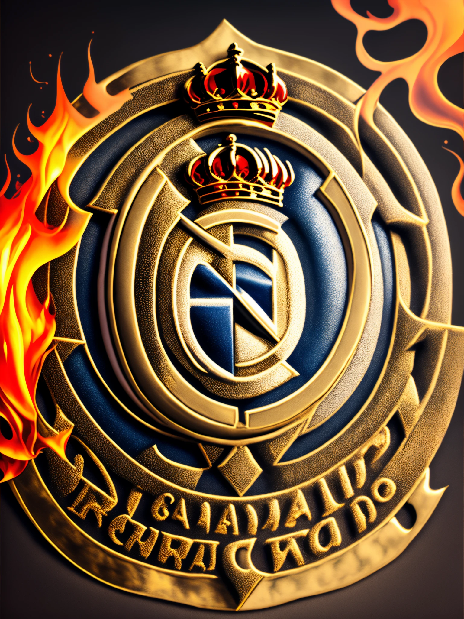 Escudo del Real Madrid,corona de oro y diamantes, fondo de humo de colores y fuego, hiperrealista, fine art, photographic quality