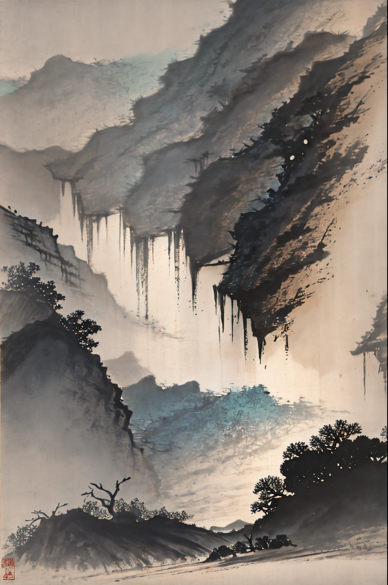 Chinese landscape painting，High hills，path，that tree，（without humans）