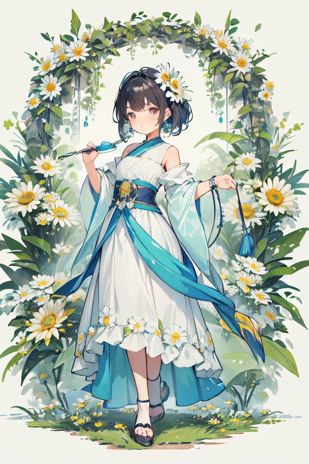 (Best quality at best, A high resolution, tmasterpiece:1.2), a vibrant one, detailed lips, A detailed eye, Luzes Realistas, Lesbian, vivaciousness, nothing background, solitary figure, plant-based women, Daisy flowers,