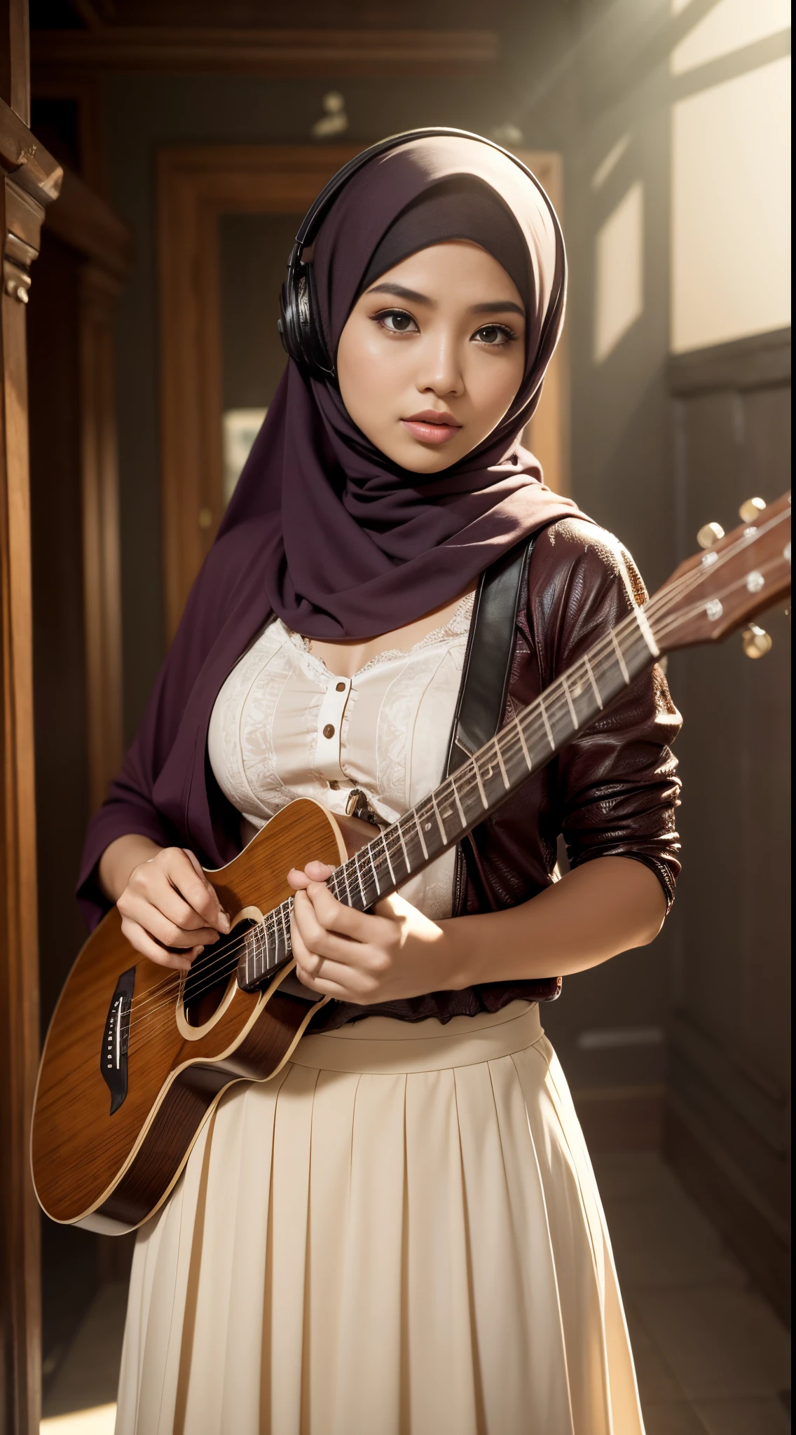 RAW, Best quality, high resolution, masterpiece: 1.3), Beautiful Malay woman in hijab (iu:0.8),looking at viewert, high resolution, shadow, absurdres, best_quality, ultra_detail, 8k, very_clear, photo, beautiful, sharp focus, hdr, Cute pop singer with hijap and symmetrical teary eyes holding guitar and singing in headphones, wearing long pleated skirt, big breasts, with its dynamic angles, captured in a high-detail cowboy shot, it exudes melancholic emotion, featuring calming tones and a contrasting mix of light and shadow, while highlighting the subject's chest, eyes, mouth and actions in a composition that is pleasing to the image maker. eye-catching and thought-provoking.