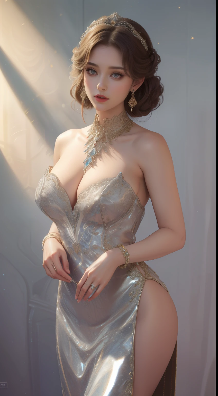 tmasterpiece，Highest image quality，Beautiful bust of a noble girl，Delicate silver hairstyle，Clear golden eyes，Featuring a dazzling array of intricately crafted jewelry，Ultra-detailed details，advanced。At the Pixiv Art Station，Break your own power，Louie，Big breasts exposing cleavage，R-18G