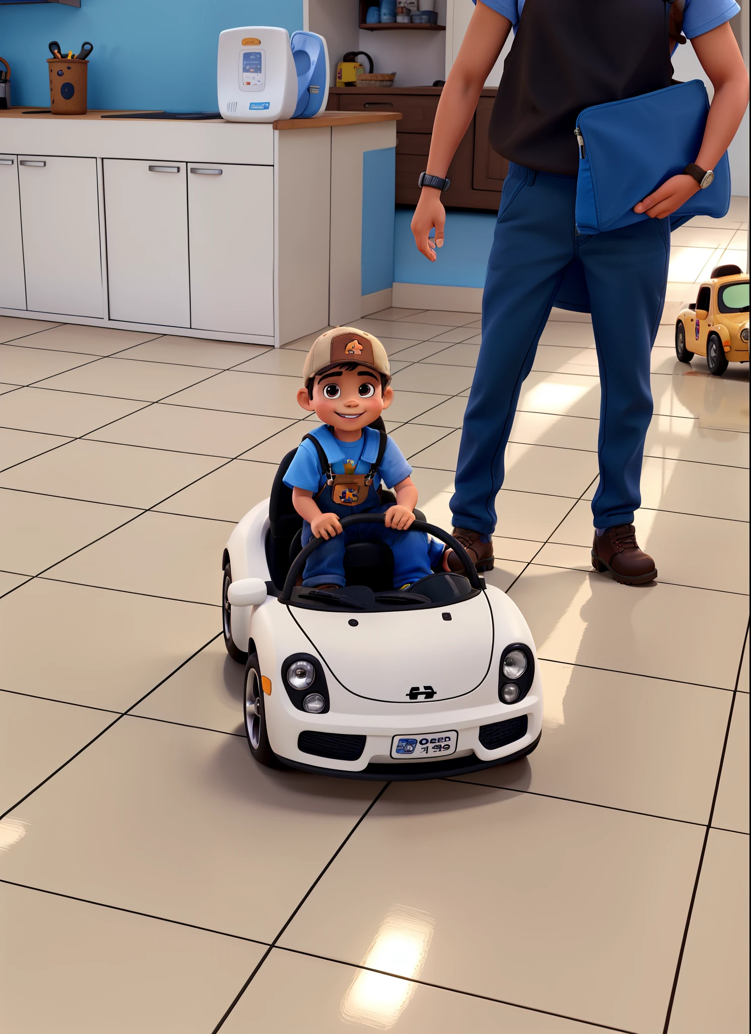 small boy, child, brown eyes, smiling, wearing overalls, wearing backwards cap, riding in car, disney pixar style, high quality, best quality