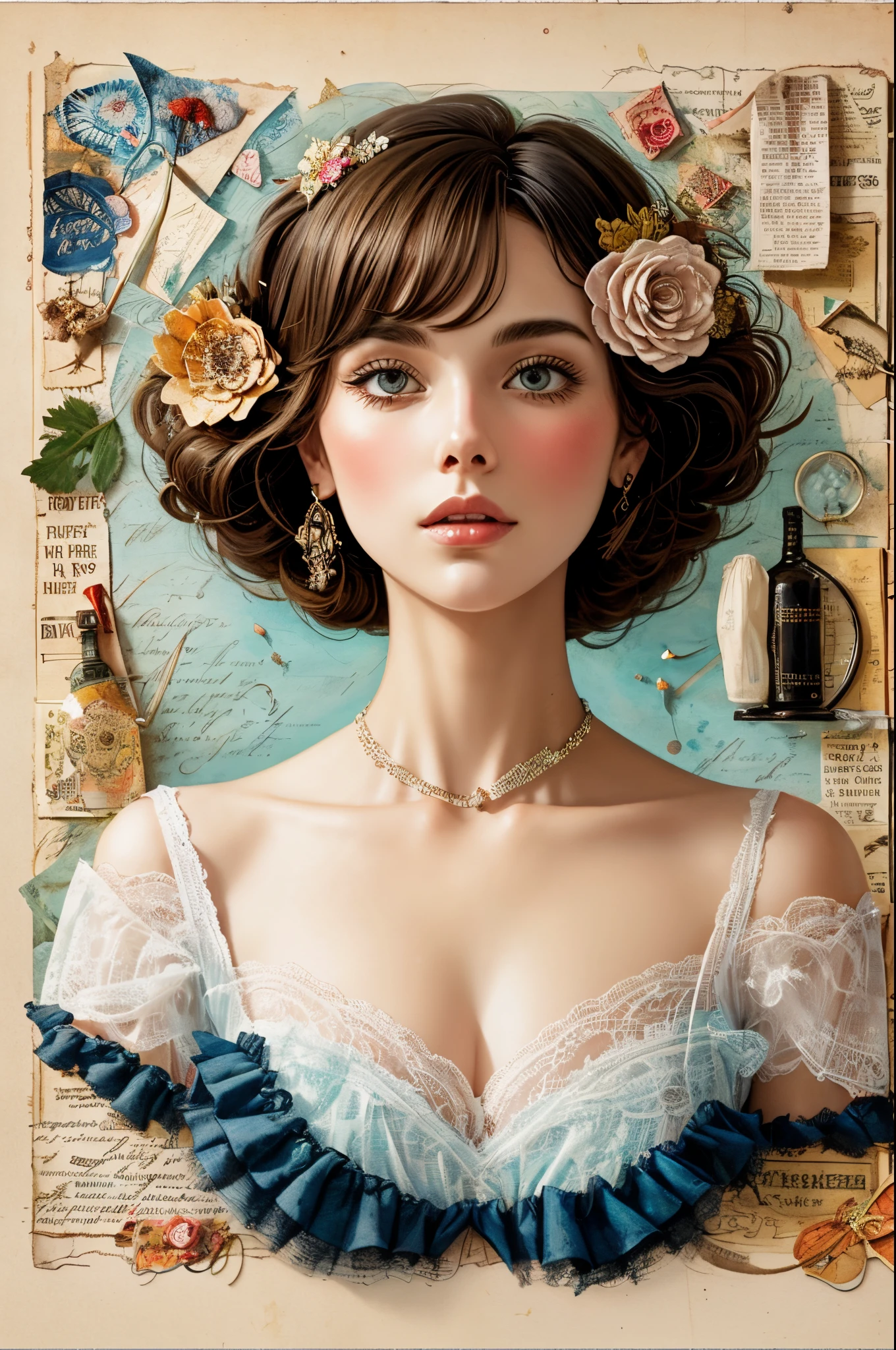 Super detailed alcohol ink painting of gorgeous girl, Made on top of a mixed-media masterpiece patchwork of stress-free vintage script paper, Ephemera, Torn cardboard, Vintage newspaper, Vintage sheet music, Wax Seal, Dress made of paper ruffles and life-size dainty lace, in the style of [Junk Journal, double exposure, Equal to the size of the body, Greg Simkins, Mark Davis, Oliver Jeffers, Andy Kehoe], Cinematic, Stunning, Highly detailed, 8K, dehazed
