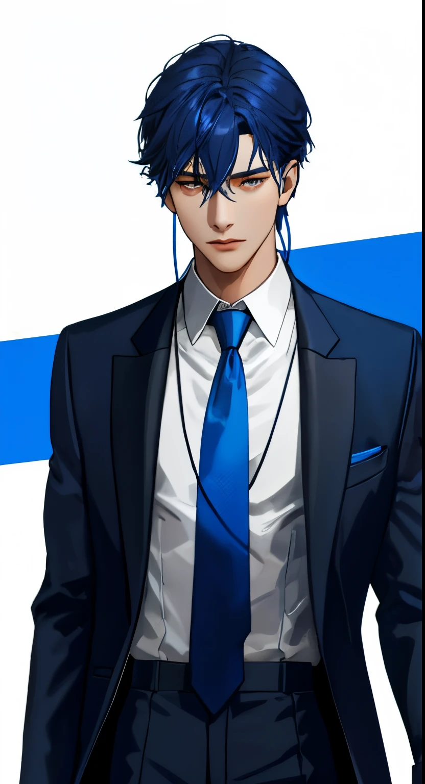 Wearing a blue suit、a blue tie、Man wearing black hood and blue headphones, wear suit, man in dark blue full body suit, Wearing a smart business suit, Red Cobra, hands spread wide,