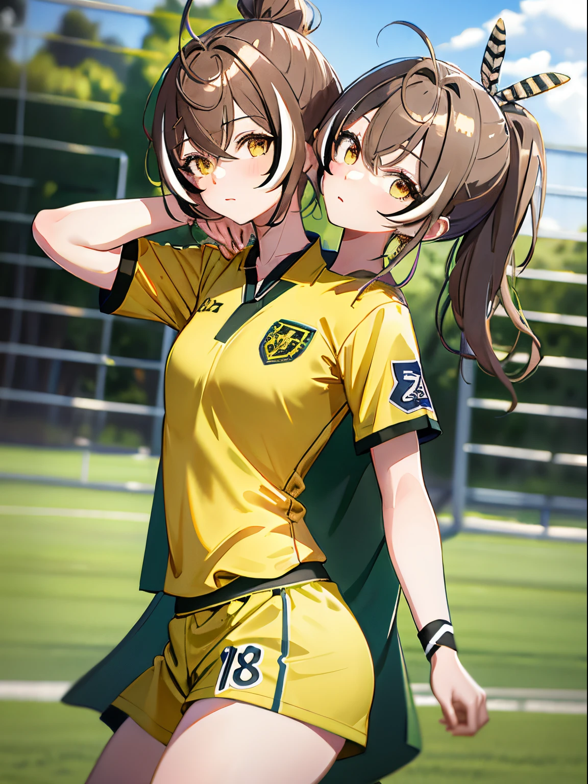 (masterpiece, best quality), best resolution, (2heads:1.5), 1girl, nanashi mumei character, brownhair, ponytail, yellow eyes, focused, soccer uniform, playing soccer, soccer field, day