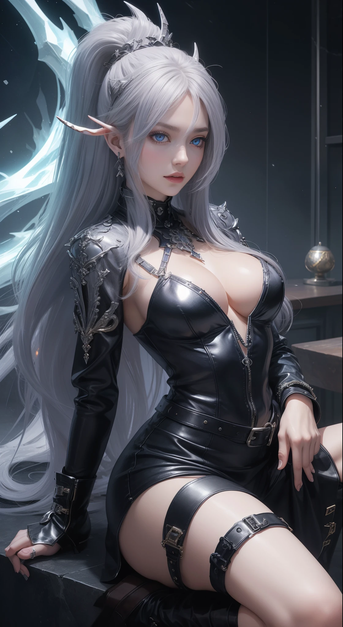 tmasterpiece,Highest image quality,A pair of dragon horns,Beautiful dragon girl full body portrait,Delicate silver hairstyle,lucid blue eyes,Has a dazzling array of、Well made jewelry,studded leather jacket,high sole boots,Ultra-detailed details,advanced。At the Pixiv Art Station,Break your own power,Luigi,Big breasts exposing cleavage,R-18G