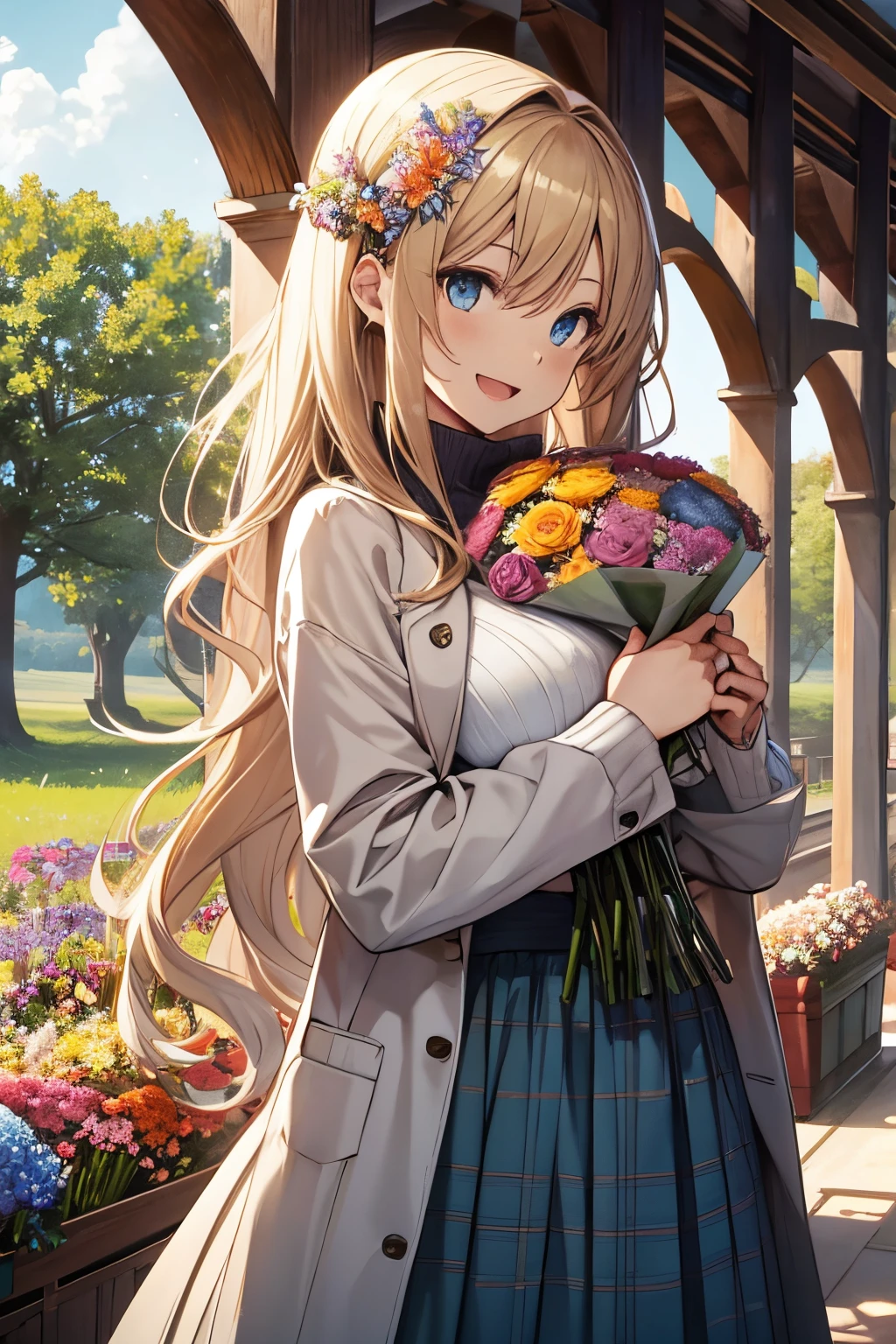 (holding a bouquet of flowers:1.3), (masterpiece), (best quality), high resolution, ultra detail, photorealistic, 8K, intricate face, detailed body, detailed face, beautiful,
BREAK
1woman, beautiful girl, large breasts, narrow waist, athletic body, long wavy hair, blonde hair, blue eyes
BREAK
green turtleneck knit under houndstooth tweed jacket, white long skirt, happy smile, open mouth, Peaceful countryside chapel surrounded by fields of wildflowers