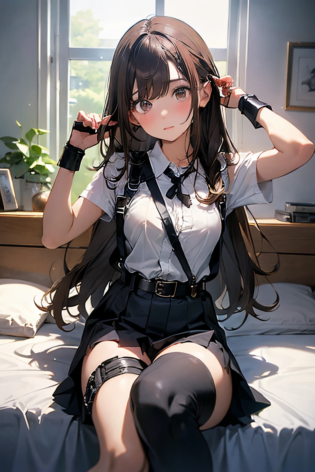 masterpiece、flat-colors、depth of fields、lens flare 1 girl、、Brown hair、watching at viewers black suspenders Bulging big breasts walls: Black miniskirt garters Gaze Small face bangss holster a belt Beautuful Women srestrained hands up Lying in bed Leg holster