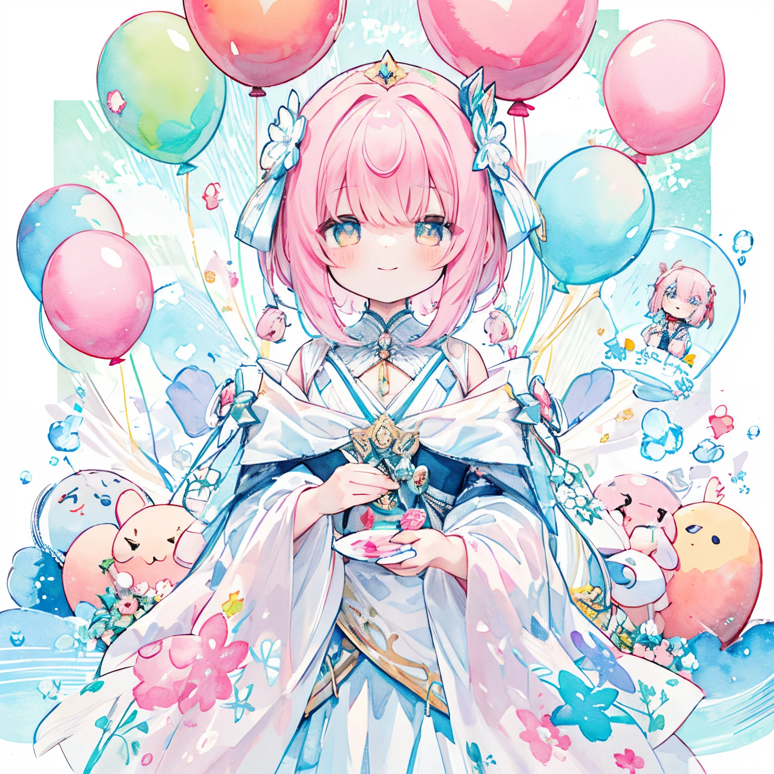 Transparent watercolor,girl with,Jewel Eyes,Beautiful arrangements and motifs、A slight smil、Originality、GAMECHARACTER DESIGN、depth of fields , Fantastic, Beauty、Transparency、GAMECHARACTER DESIGN、(one girls:1.0)、Drawing、paint、inky、A pink-haired、short-hair、kawaii、congratulations、celebration、The upper part of the body、balloons、confeti