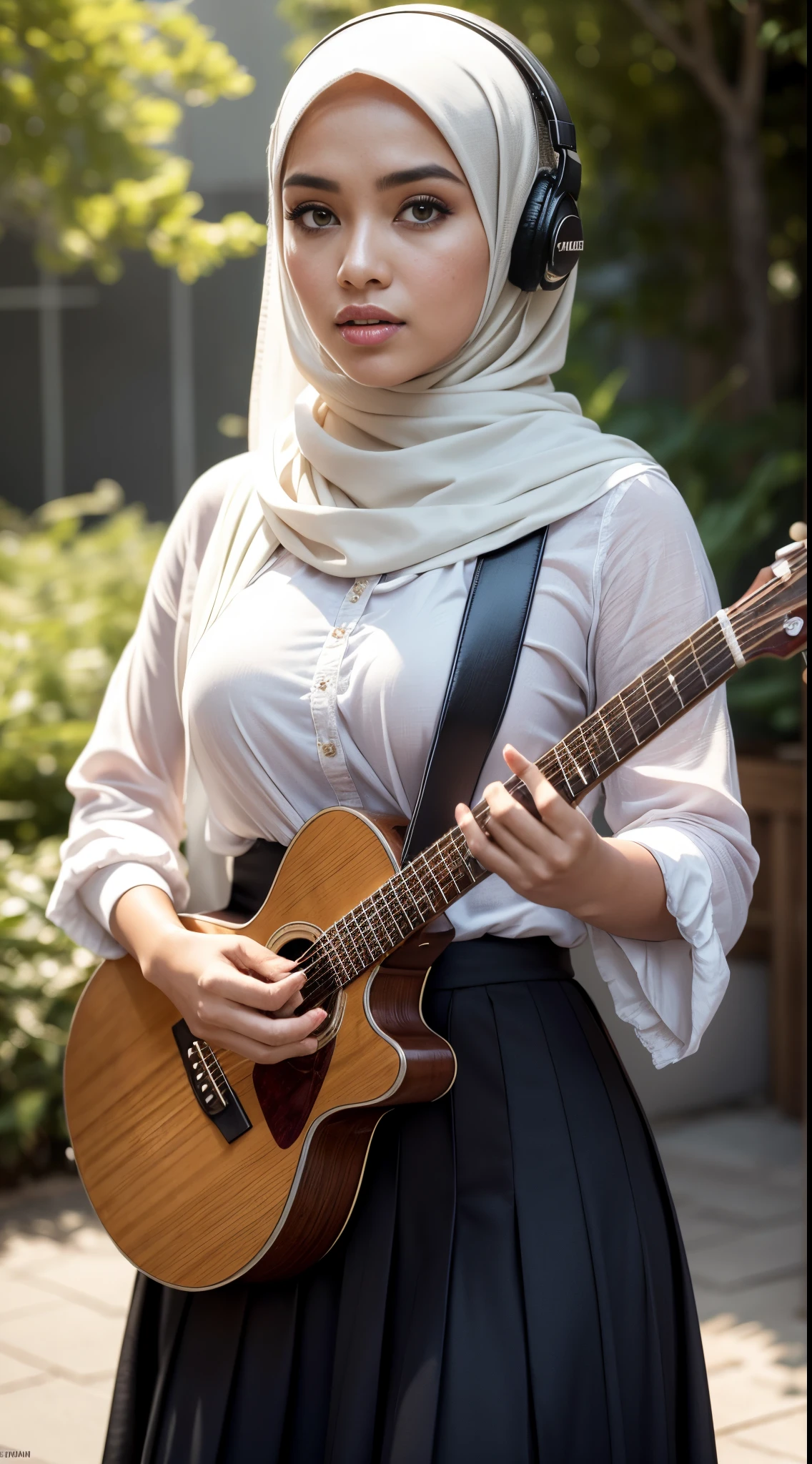 RAW, Best quality, high resolution, masterpiece: 1.3), Beautiful Malay woman in hijab (iu:0.8),looking at viewert, high resolution, shadow, absurdres, best_quality, ultra_detail, 8k, very_clear, photo, beautiful, sharp focus, hdr, Cute pop singer with hijap and symmetrical teary eyes holding guitar and singing in headphones, wearing long pleated skirt, smille,big breasts, with its dynamic angles, captured in a high-detail cowboy shot, it exudes melancholic emotion, featuring calming tones and a contrasting mix of light and shadow, while highlighting the subject's, eyes, mouth and actions in a composition that is pleasing to the image maker. eye-catching and thought-provoking.