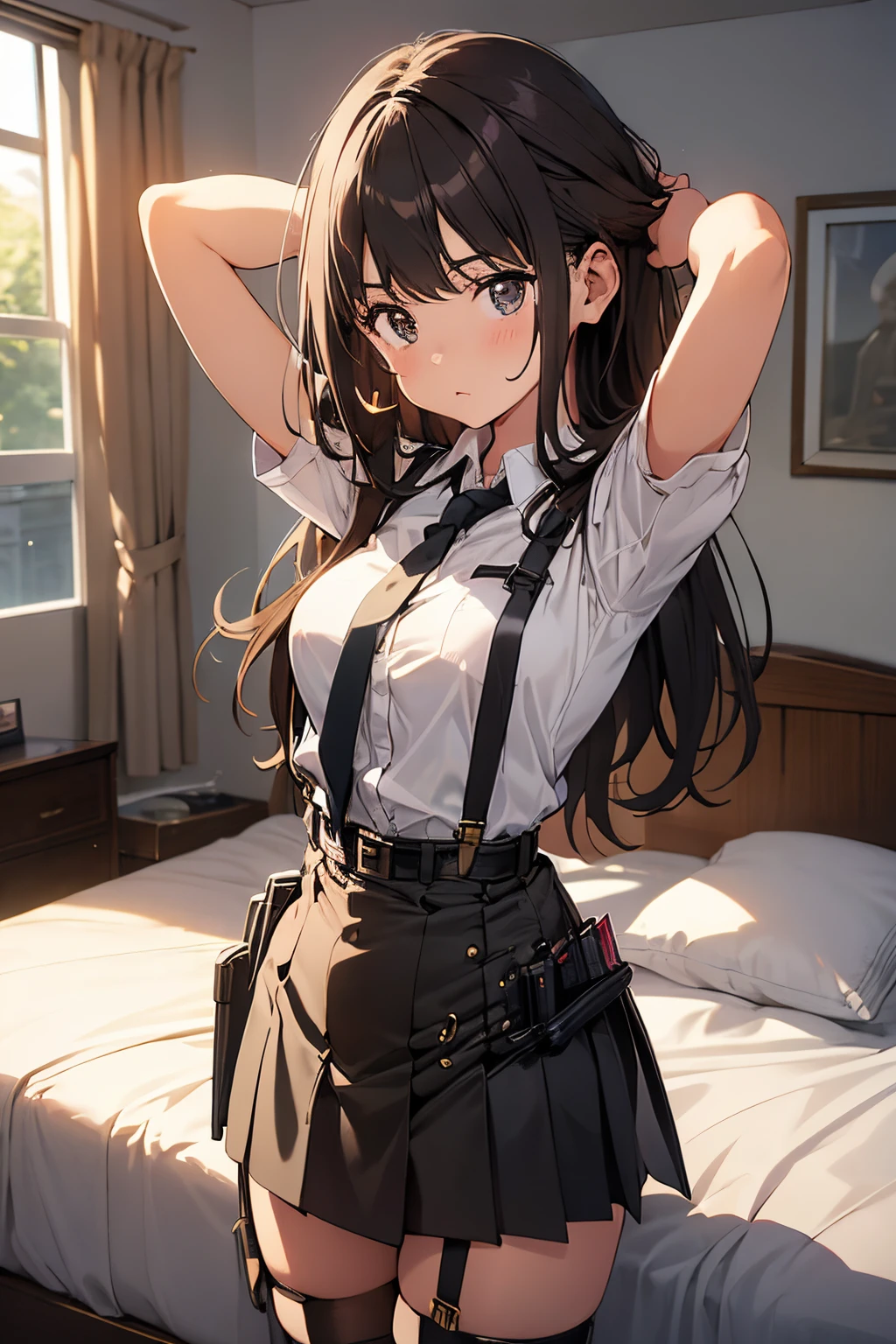 ​masterpiece、flat-colors、depth of fields、lens flare 1 girl、、Brown hair、watching at viewers　　　black suspenders　　　Bulging big breasts　　 　 　　　walls: 　Black miniskirt　garters　　　　　　Gaze　　　Small face　bangss 　　　holster　　a belt 　Beautuful Women　srestrained　hands up　Lying in bed　Leg holster