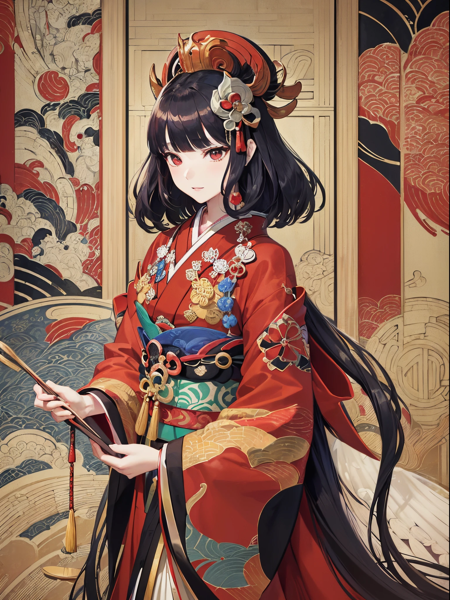 ((Finest quality)),(超A high resolution),(ultra-detailliert),(Meticulous portrayal),((Best Anime)),(Finest works of art),Ultra-Precision Art,The art of astounding depiction,Overwhelming descriptive power:1.5, (Heian culture:1.5),dazzling, (Princess wearing Juni-Hitoe:1.6),Bangs,