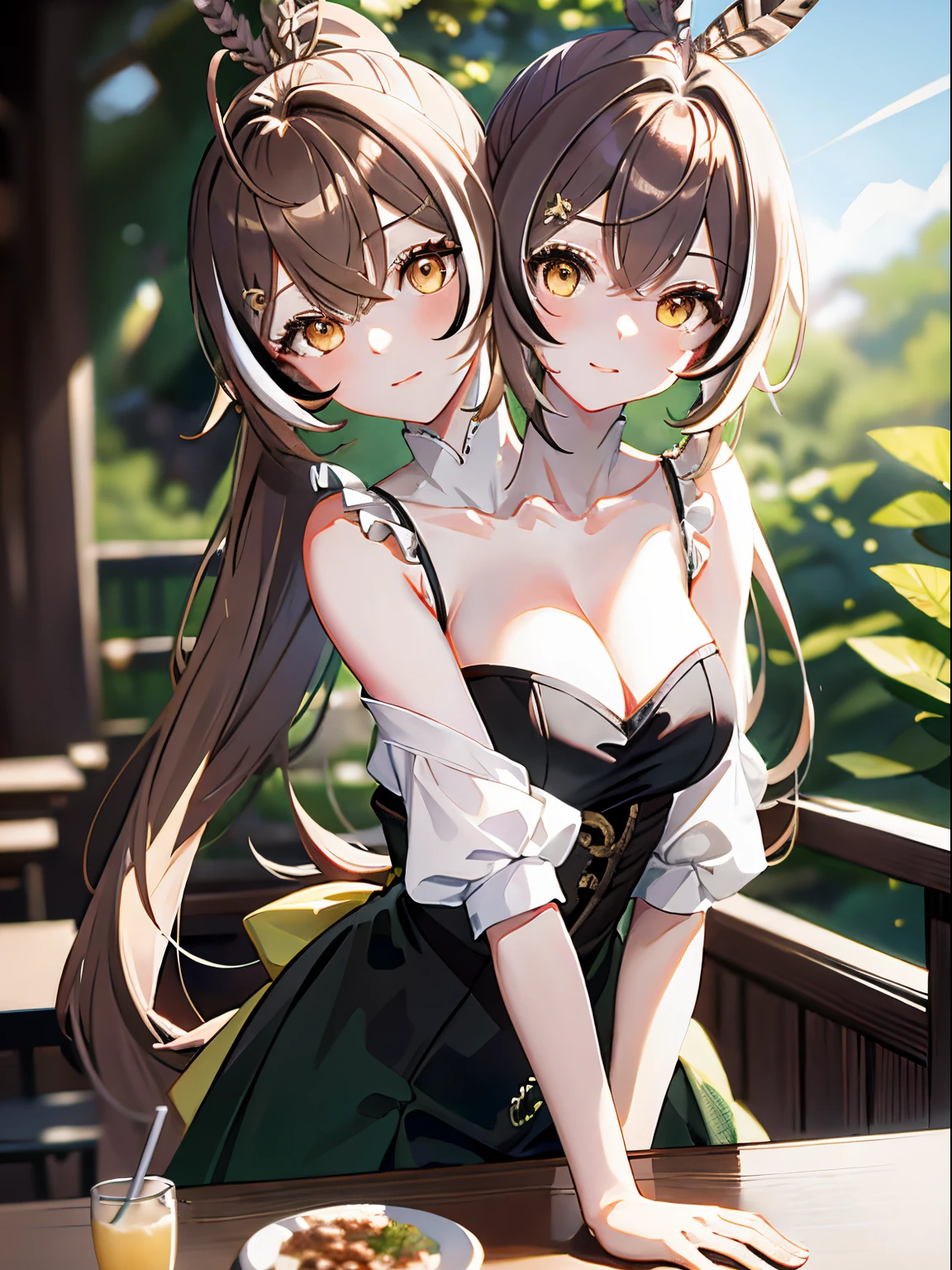 (masterpiece, best quality), best resolution, (2heads:1.5), 1girl, nanashi mumei character, brownhair, ponytail, yellow eyes, focused,