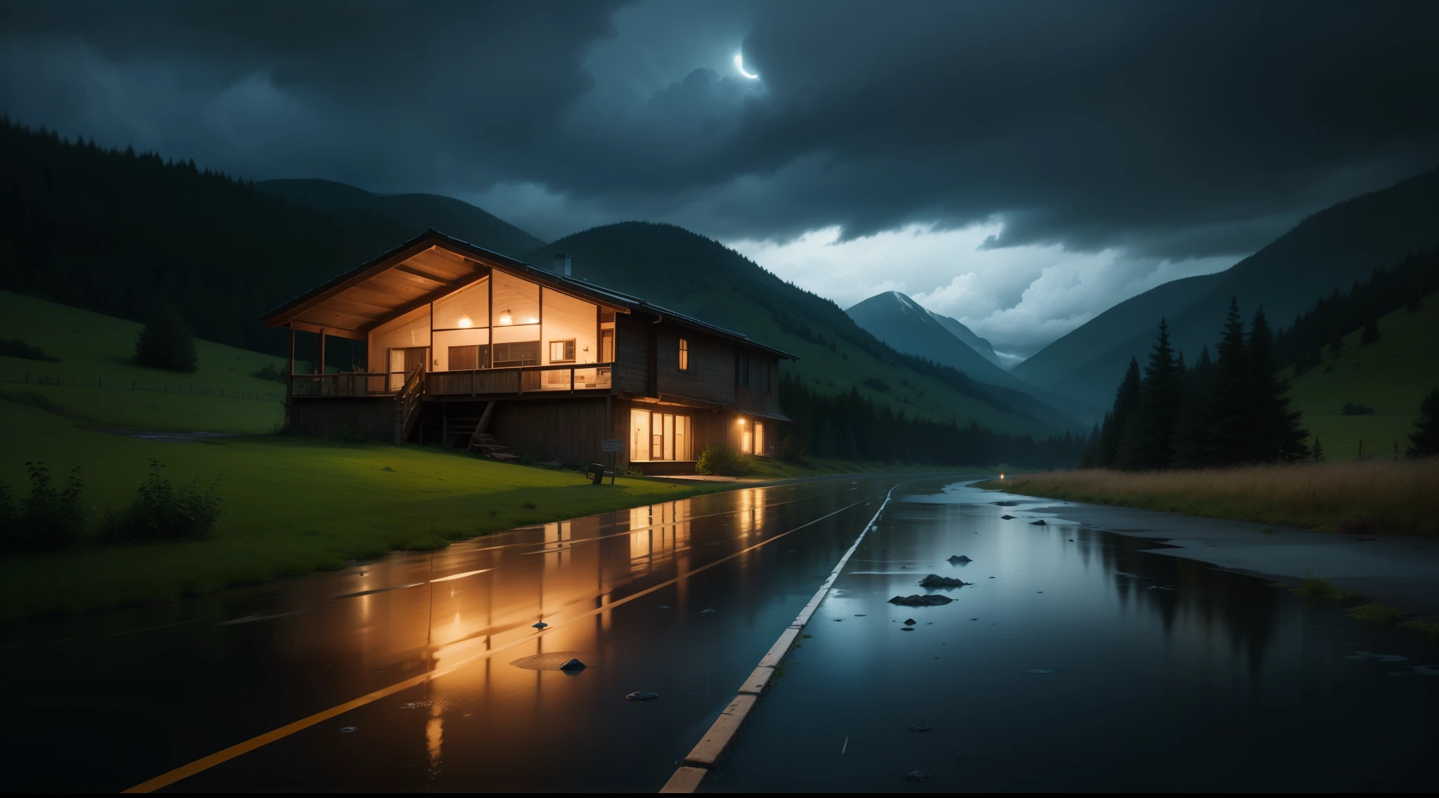 rustic house at night on the side of the highway, all wet floor, lots of trees, Closed ceú of rain clouds
