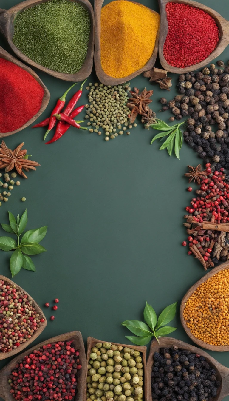 Green peppercorns、red pepper、Various spices、rainbow structure arrangement、High resolution top pictures,Shot from a bird's eye view
