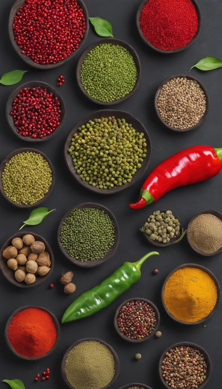 Green peppercorns、red pepper、Various spices、rainbow structure arrangement、High resolution top pictures,Shot from a bird's eye view
