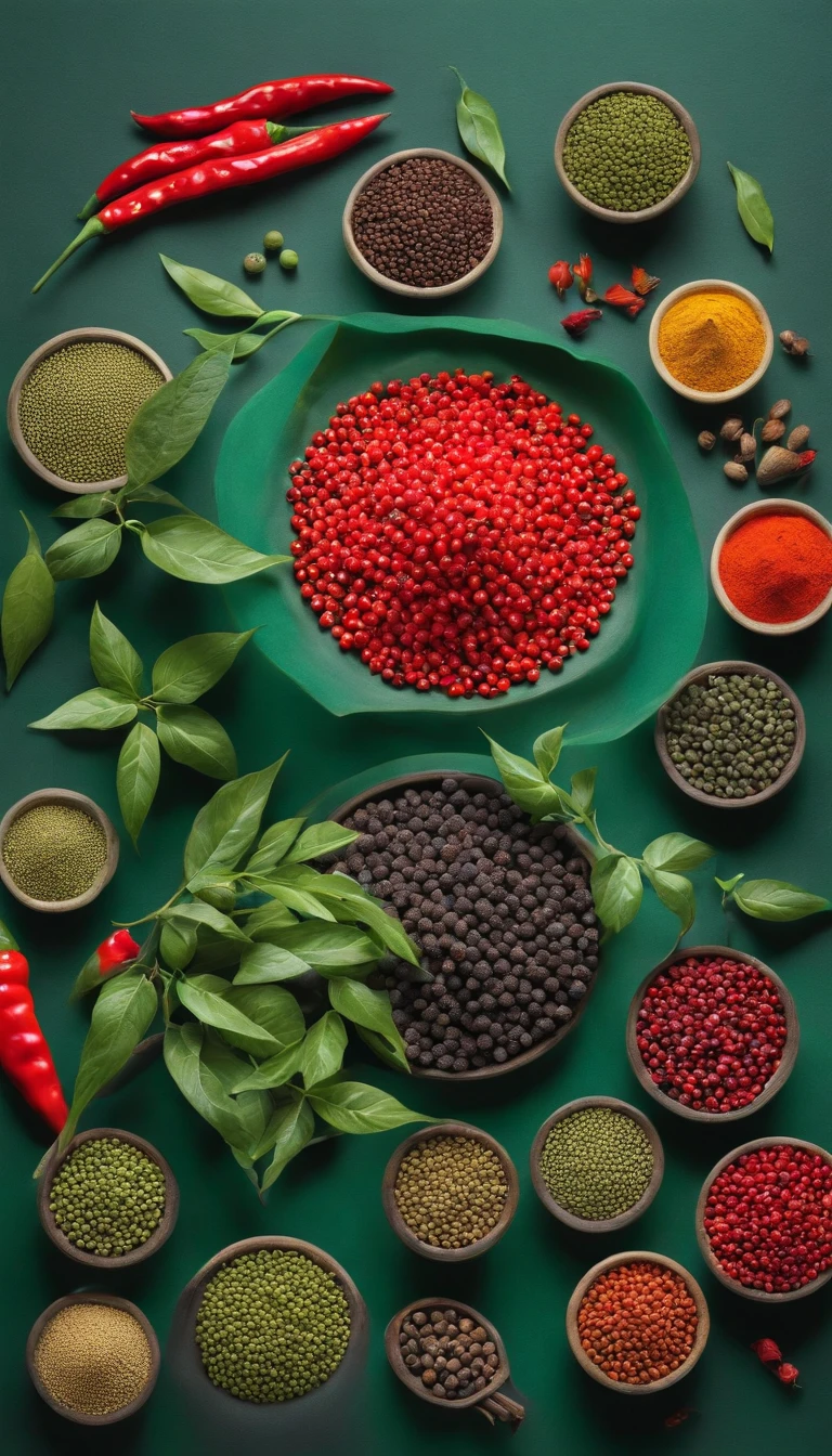 Green peppercorns、red pepper、Various spices、rainbow structure arrangement、High resolution top pictures,Shot from a bird's eye view