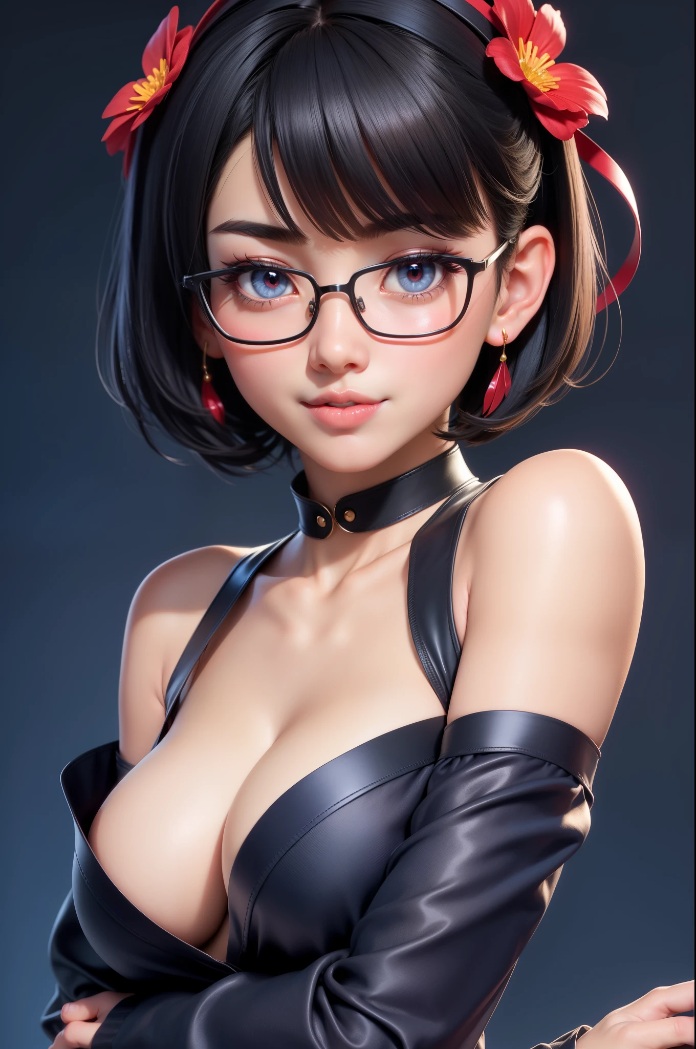 1girl, cute japanese girl, big eyes, sensual face, seductive smile, solo, short hair, open clothes, see through clothes, , flower headband, collar, collarbone, red sensual lips, off shoulder, perfect round breast, small breast, cleavage, underboobs, erotic, nsfw, glasses, blush, seductive smile, cute face, looking at viewer, sexy pose, blue background, dark black hair, simple background, sexy pose, bright yellow eyes, lips, closed mouth, ribbon, hair ribbon, stellar earings, bangs, upper body, parted bangs, red ribbon