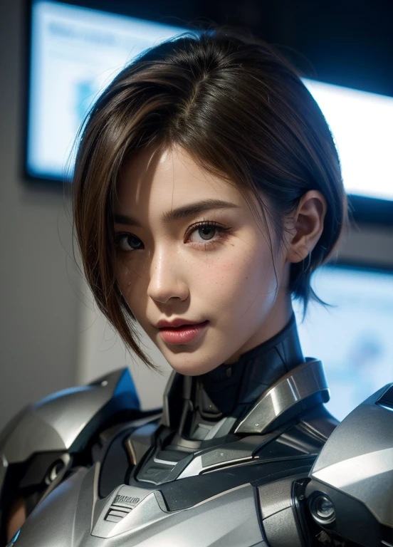 Textured skin, Super Detail, high details, High quality, Best Quality, hight resolution, 1080p, hard disk, Beautiful,(War Machine),beautiful cyborg woman,Mecha Cyborg Girl,Battle Mode,Girl with a Mecha Body,She wears a futuristic war machine weapon mech、sexy eye、short-haired、Nose hair comes out、ssmile、Brown hair、hitornfreckles