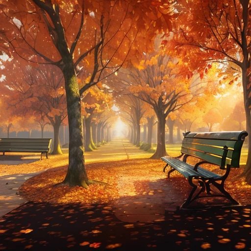 that tree々There is a park bench in the middle of the park，, landscape artwork, background artwork, in fall, beautiful art, surreal autumn, in fall, beautiful artwork, autumn sunlights, Autumn lights, soft autumn sunlight, Autumn lights, 3D virtual landscape painting, fall season, beautiful digital painting, Very Beautiful Digital Art, Alexander Kucharsky