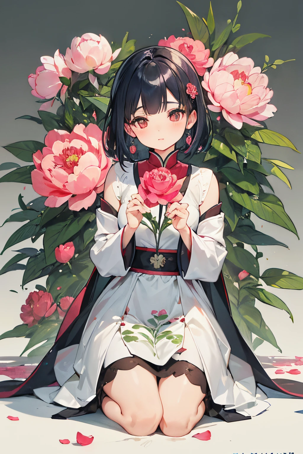 (Best quality, A high resolution, tmasterpiece:1.2), a vibrant one, detailed lips, A detailed eye, Luzes Realistas, Lesbian, vivaciousness, nothing background, solitary figure, plant-based women, peony flower,
