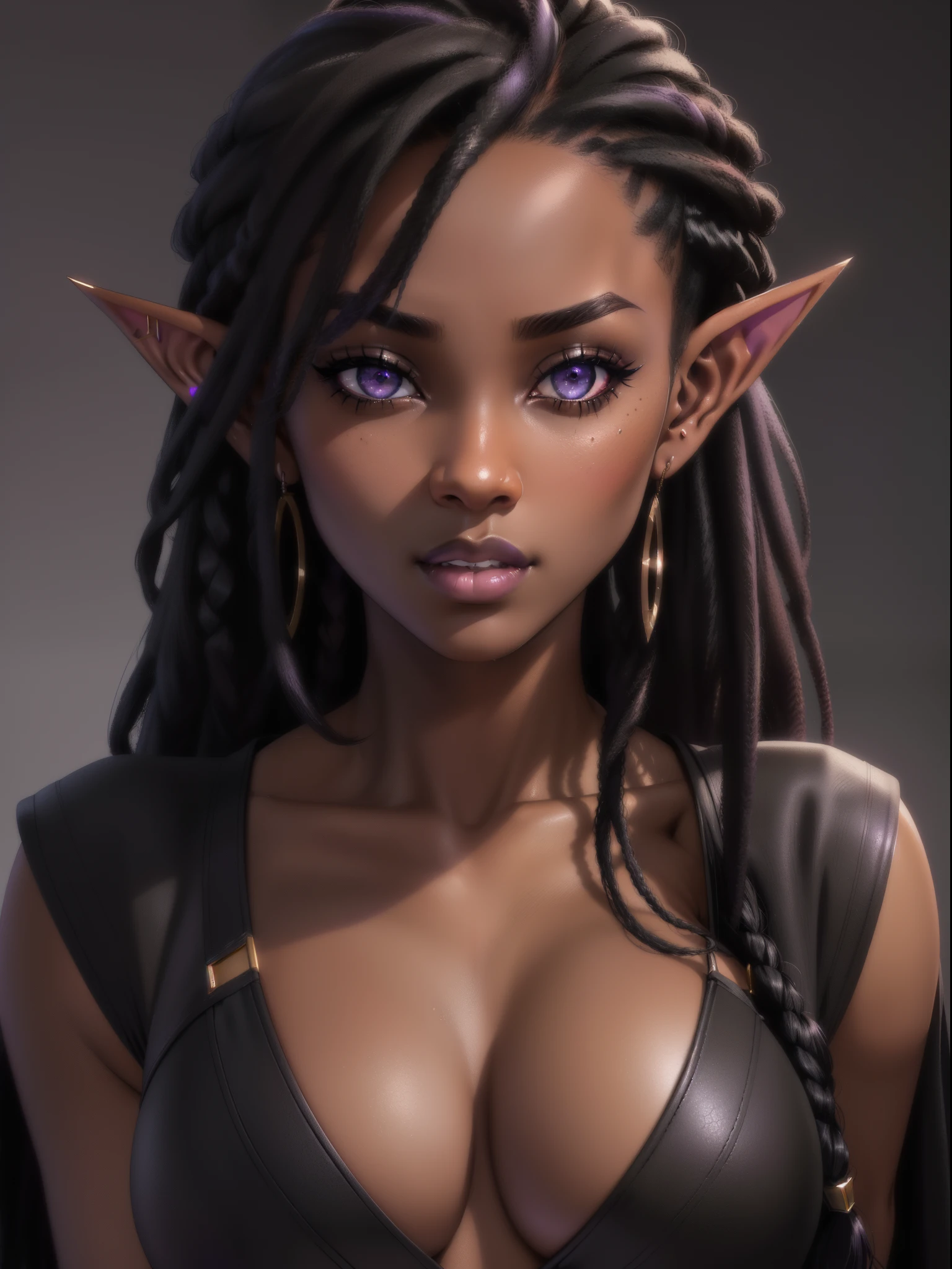 (Concept Art) of an (African-American) female, with dark (black dreadlocks), purple eyes, dark (brown skin), (pointed ears), (slutty assassin), sexy black robe, (lust) demon, (close-up shot), perfect composition, hyper-detailed, 8K, high quality, (perfect eyes), trending art, sharp focus, studio photo, intricate details, (Pin-up) pose