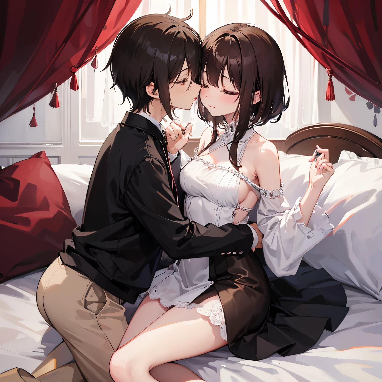 (masutepiece)(high-detail)Male and female couples in their 20s、1 male, 1 female、Light clothing for both men and women、During a kiss、Romance for women、Glossy atmosphere、Glossy look、Saliva spills、embracing each other、Looks happy、Devour each other with desire、Passionate love、Flirting、femele(Brown hair semi-long、negligee、closing eye)、Sweet sigh、male people(black hair shorthair、legs showing、Close your eyes strongly)、Background with(a room、a bed、Turn off the light、closed curtains)、deep in the night、The dim