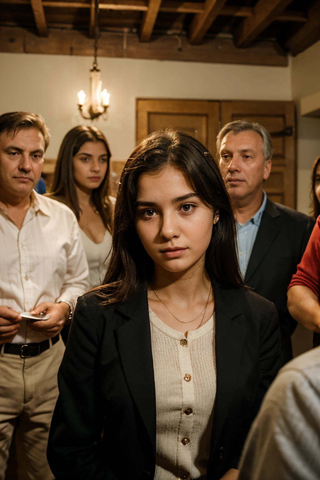 A 20 years old girl affected by depression in a family party with a bunch of parents everyone wearing classy clothes