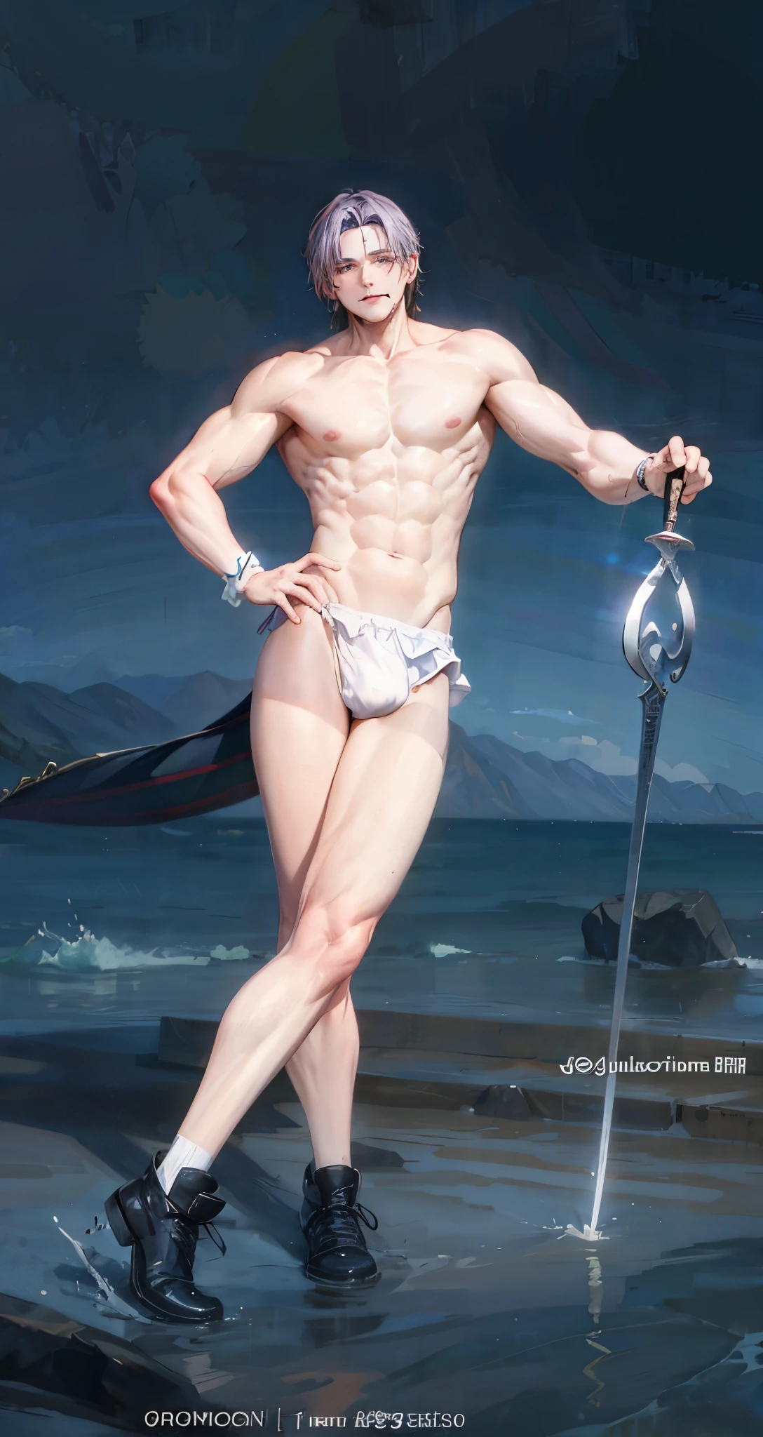 there is a man in a underwear holding a sword on the beach, white loincloth, loincloth, holding his trident, wearing loincloth, nanquan, lean but muscular, yanjun chengt, skinny male fantasy scientist, cai xukun, gigachad muscular, muscular!!, by Juan Carlos Stekelman, [ adamantly defined abs ]!!,nsfw