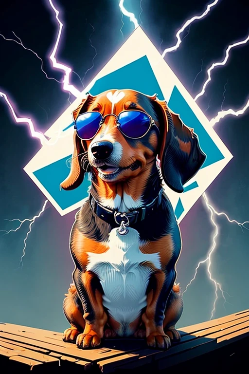 Vector graphic t-shirt of a cute happy dachshund, wearing sunglasses, detailed design, colorful, outline, white background, cantered, symmetry, painted,intricate, volumetric lightning, beautiful, rich deep, color masterpiece, sharp focus, ultra