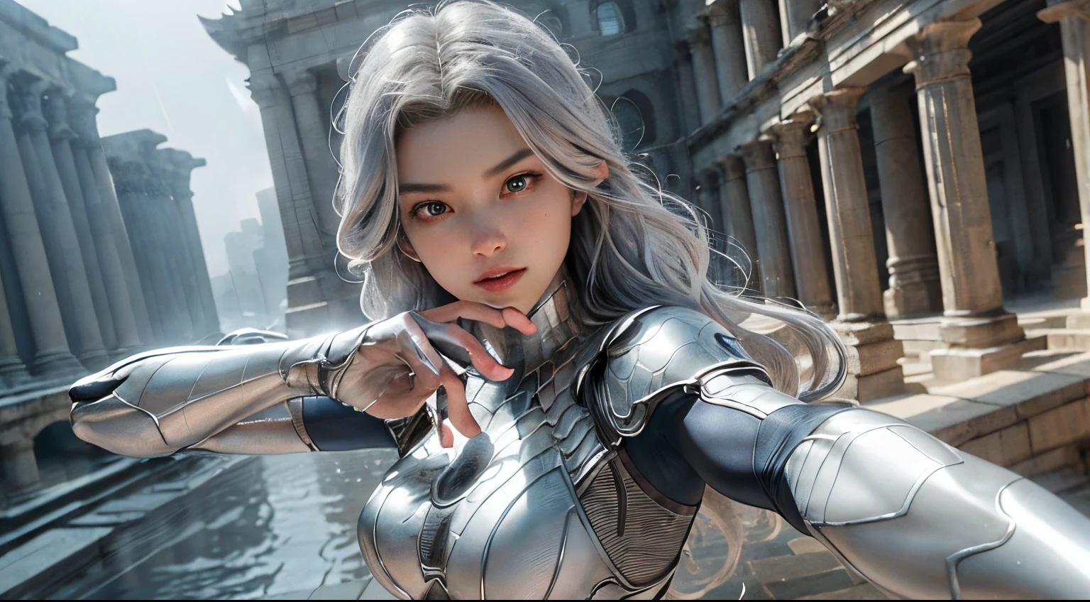 (Extreme Detail CG Unity 8K wallpaper, masterpiece, highest quality), (Exquisite lighting and shadow, highly dramatic picture, Cinematic lens effect), a beautiful girl in a white Spider-Man costume, silver gray hair color, long hair, from the Spider-Man parallel universe, Wenger, Marvel, Spider-Man, in the ancient temple, in the rain, very beautiful face, silver claws, dynamic pose), (excellent detail, excellent lighting, wide angle), (excellent rendego on ancient temple, enough to stand out in its class), focus on white Spider-Man costumes, complex spider textures