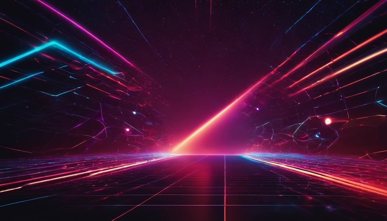 A visually stunning composition of a tech-inspired background with illuminated lines and dots in neon colors, creating a visually vibrant and electric image.