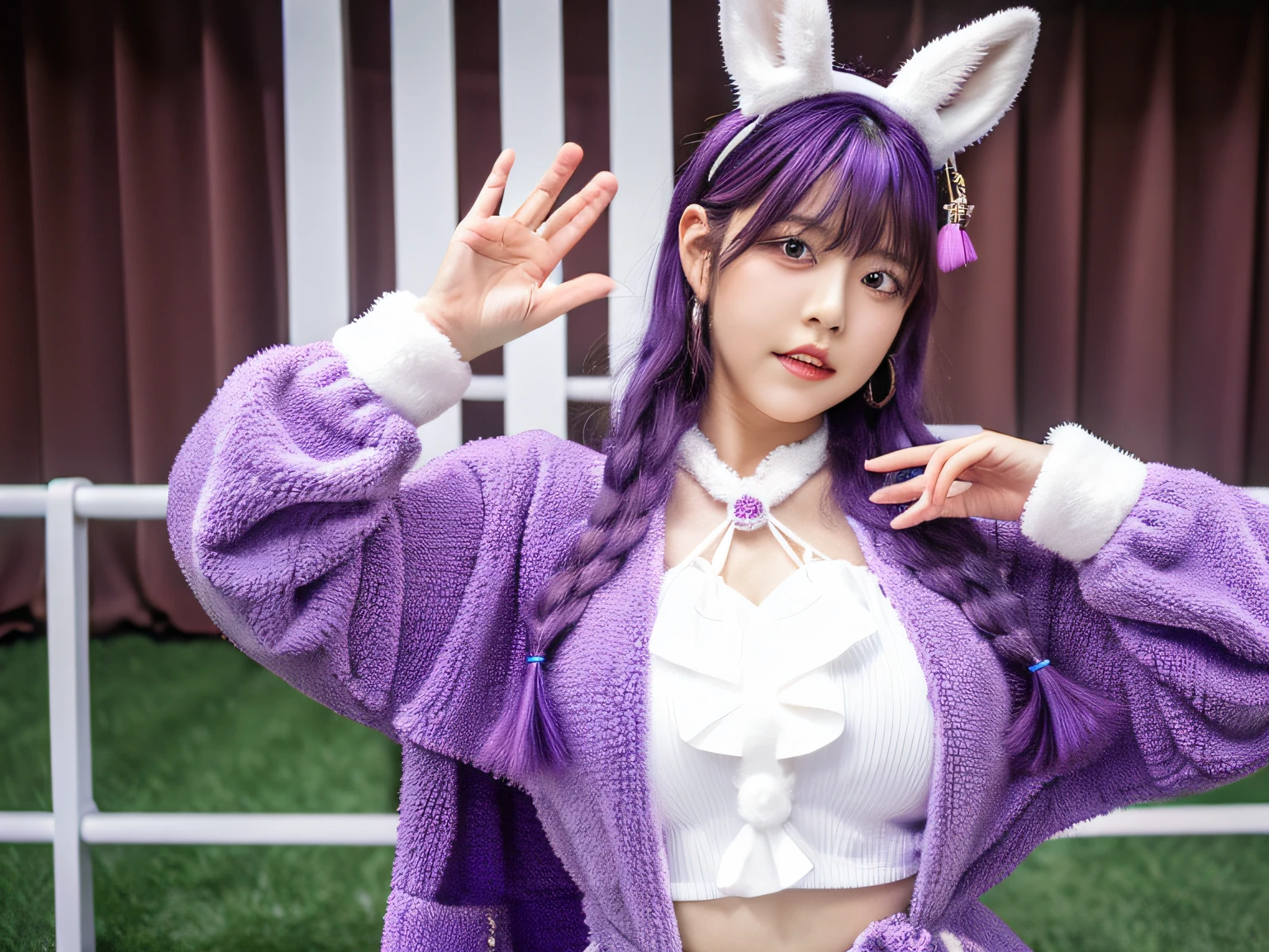 araffe dressed in a purple outfit and purple accessories posing for a picture, small curvy , thicc, shikamimi, sakimichan hdri, sakimichan, loliami, chiho, juri misaki, kemonomimi, fluffy body, ultrarealistic sweet bunny girl, oppai
