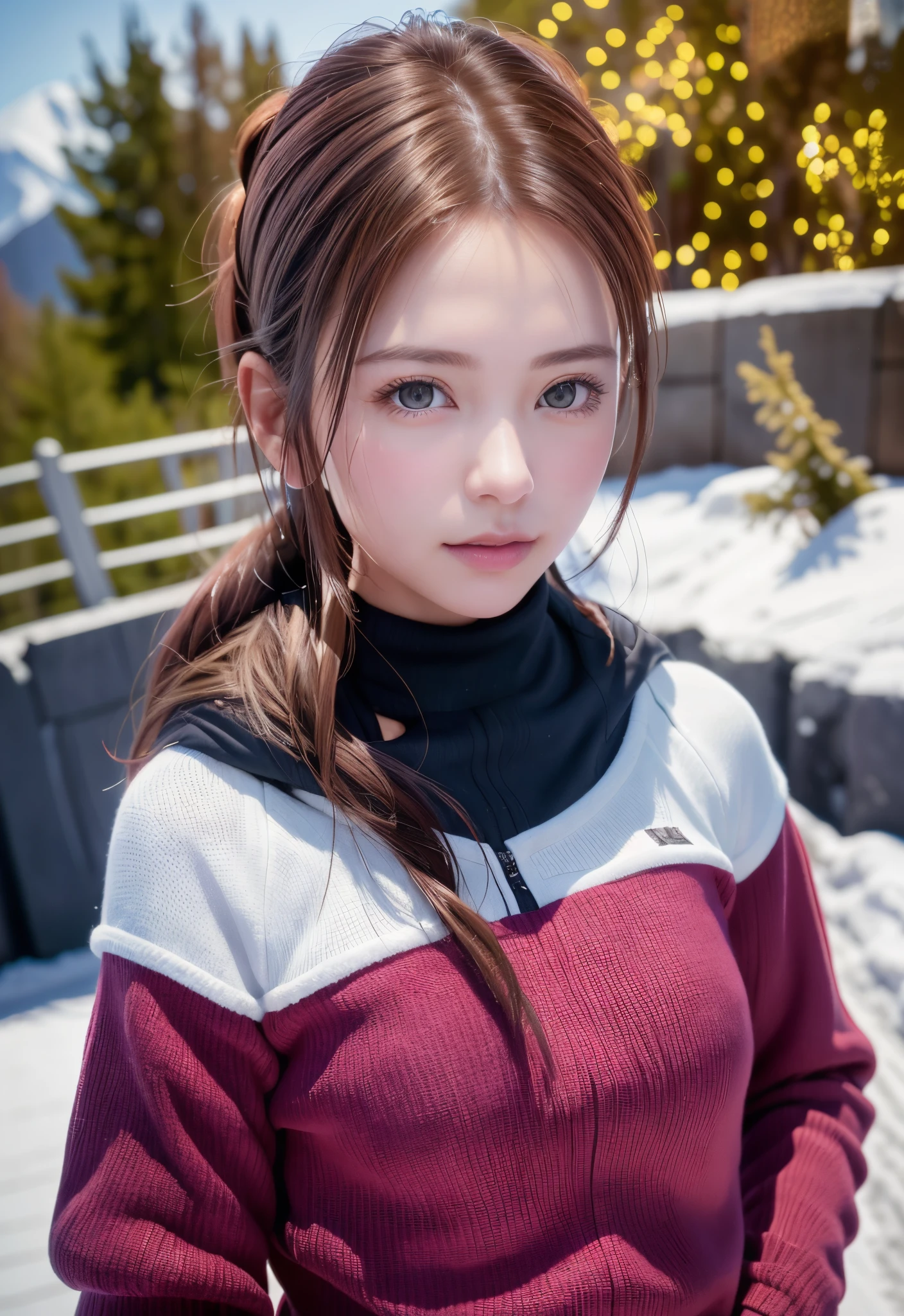 8K, of the highest quality, masutepiece:1.2), (Realistic, Photorealsitic:1.37), of the highest quality, masutepiece, Beautiful young woman, Pensive expression,、A charming、and an inviting look, skiing、snowboarder、Ski Wear, Hair tied back, Cinematic background, Light skin tone、Ski Resort Background