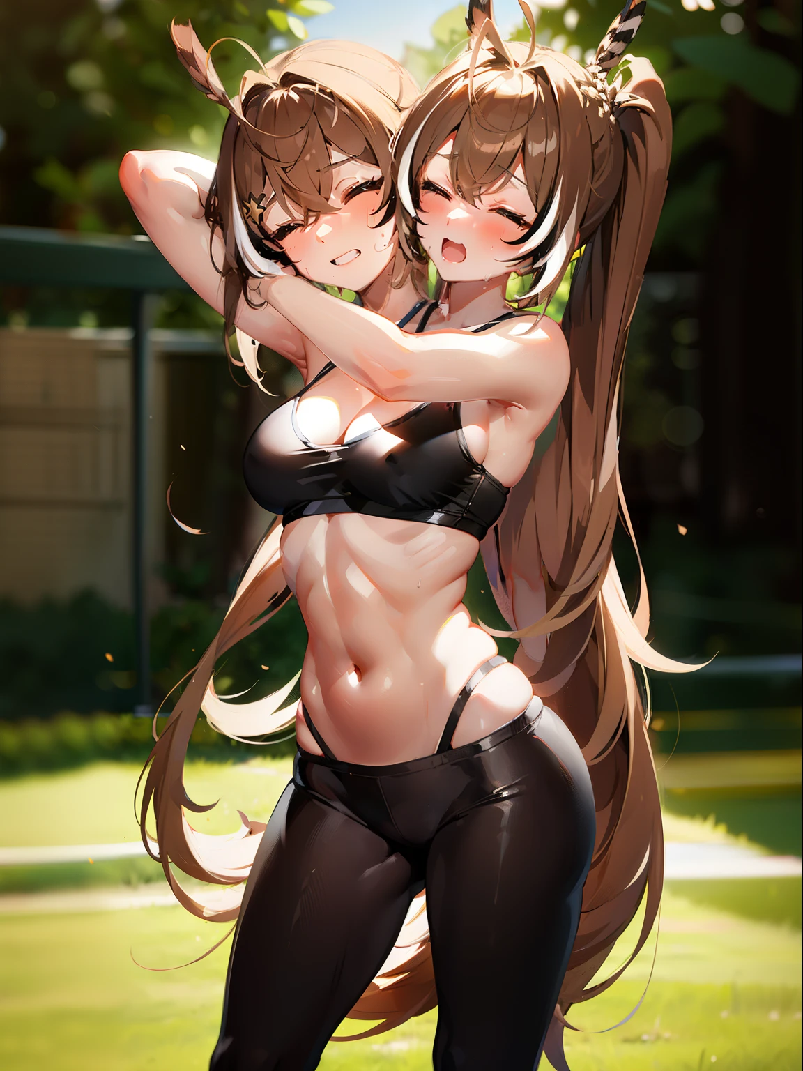 (masterpiece, best quality), best resolution, (2heads:1.5), 1girl, nanashi mumei character, extremely long brown hair, extremely long ponytails braided together, hair between heads, hair reaching floor, brown eyes, different facial expressions, tired, happy, left head's eyes closed, left head's mouth open, black sports bra, black sports pants, hand on forehead, wiping sweat from brow, gym