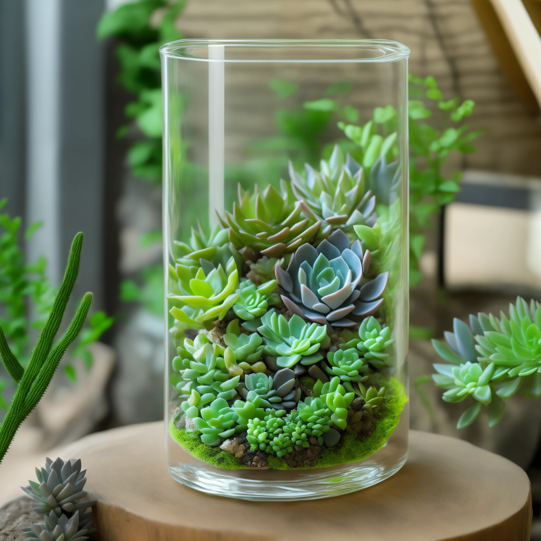 ((There is a large glass container,There are succulents inside:1.37,)), Natural mini garden,a masterpiece of art, plants in glass vase