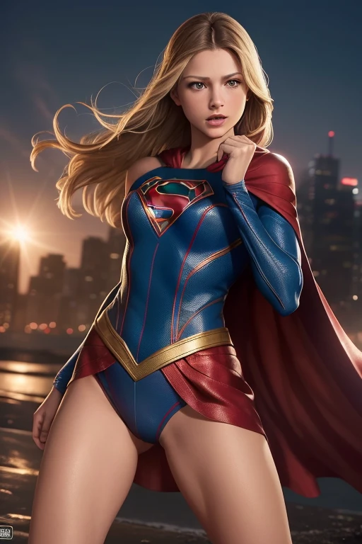 (master part, best quality, fotorrealista, cinemactic, ultra-detalhado, 8k), ((Arremesso longo, corpo inteiro)), 1 garota sexy em uma postura de luta no telhado, ambos os punhos na frente, anatomia perfeita, olhos expressivos, perfect hands, (pernas longas e redondas), (seios grandes), ambos os punhos na frente, Produza uma arte de alta qualidade com foco em capturar Melissa Benoist como supergirl em detalhes impressionantes e sedutores. Render artwork accurately, Buscando um retrato fotorrealista. Destaque para Supergirl, bikini style costume, expondo o seios, Athletic body, seios grande, um bodysuit azul vibrante com um ousado "s" emblema em seu peito, a flowing red cloak, e detalhes dourados. Make sure the costume shows off your strength and grace. Emphasize Melissa Benoist's warm and confident expression, Reflecting Supergirl's unwavering dedication to justice and compassion. Incorporate a dynamic and heroic pose that illustrates supergirl's power and readiness for action. Position the backdrop against a cityscape or clear sky, com dicas de sua capacidade de voar e proteger o mundo