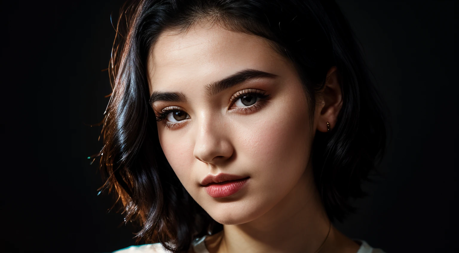 half body portrait of 1 young 20yo woman, black hair, wearing wonderful shirt, perfect eyebrow, perfect lips, perfect nose, professional color graded, wonderful woman, dark background, cute russian woman