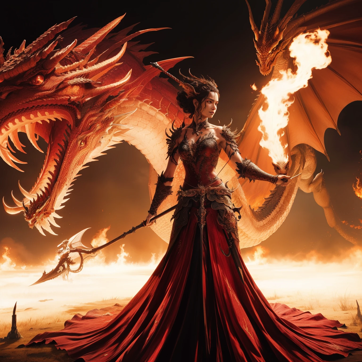 A beautiful woman in a long dress holds a spear and a dragon in the background., Dragon Queen, Dragon Queen, A world of fire and blood, fire queen, the devil in hell as a dragon, 4k fantasy art, epic fantasy digital art style, epic fantasy art style, epic fantasy art style hd, epic fantasy art, epic fantasy style art