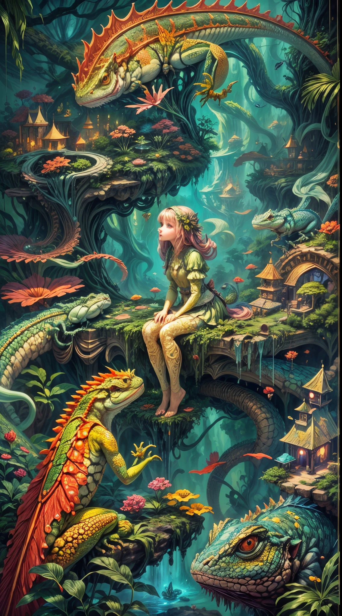 Painting, girl and many lizards, A lush fantasy world, capricious, vivid hues, Floating islands, epic adventure, Intricate details