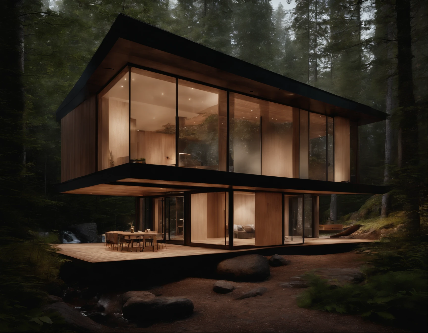 Exterior image of a tiny house duplex house in a Scandinavian nature, standing wood panel, avantgarde, waterfall, panorama glass windows, forests, waterfall inside atrium, rocks, natural pond of water, inspired bu architect Zaha Hadid